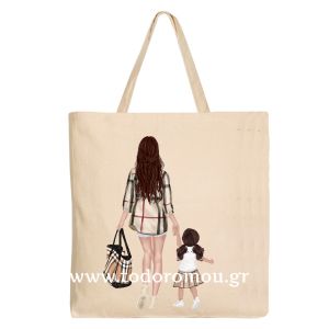 Mother and Daughter Tote bag υφασμάτινη εκρού τσάντα